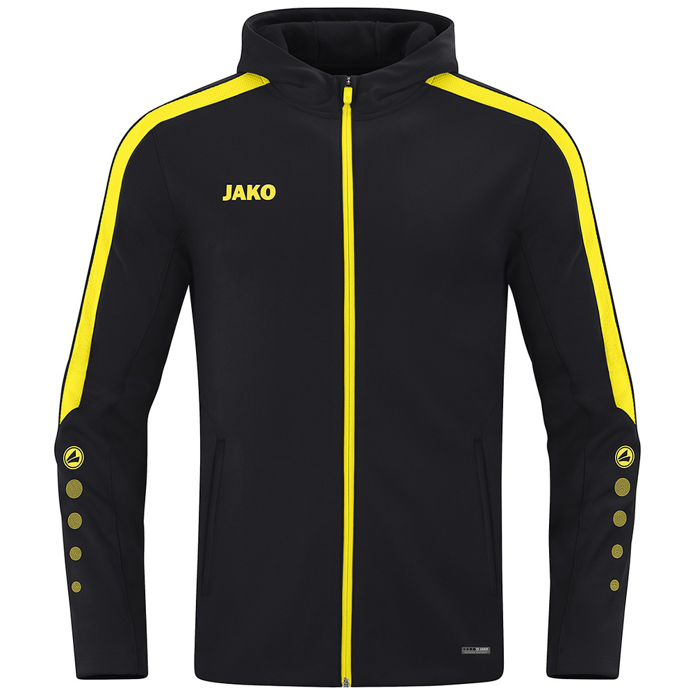 CHAQUETA CON CAPUCHA JAKO POWER, NEGRA-AMARILLA HOMBRE. S M L XL 2XL 3XL 4XL 