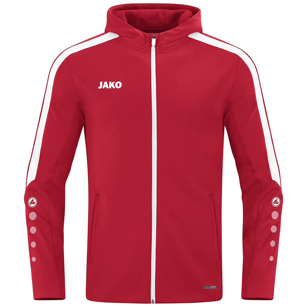 CHAQUETA CON CAPUCHA JAKO POWER, ROJA-BLANCA HOMBRE. S M L XL 2XL 3XL 4XL 