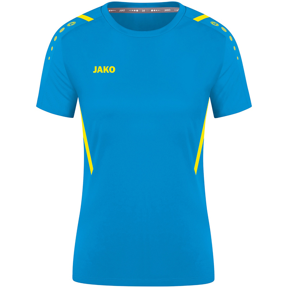 CAMISETA JAKO CHALLENGE MANGA CORTA, AZUL JAKO-AMARILLO NEÓN MUJER. 34 36 38 40 42 44 