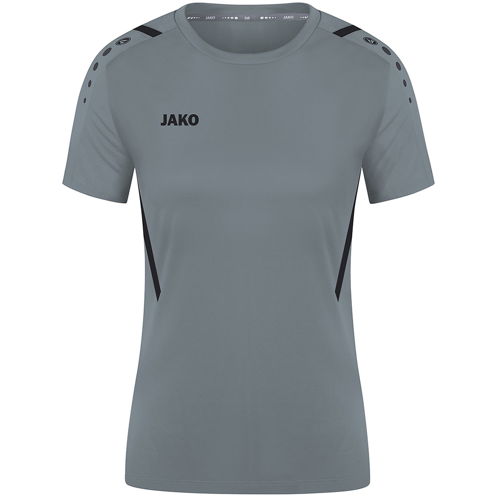 CAMISETA JAKO CHALLENGE MANGA CORTA, GRIS PIEDRA-NEGRA MUJER. 34 36 38 40 42 44 