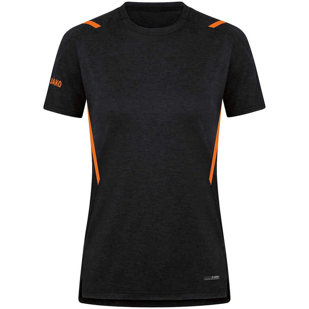 CAMISETA JAKO CHALLENGE MANGA CORTA, NEGRA MELANGE-NARANJA MUJER. 34 36 38 40 42 44 