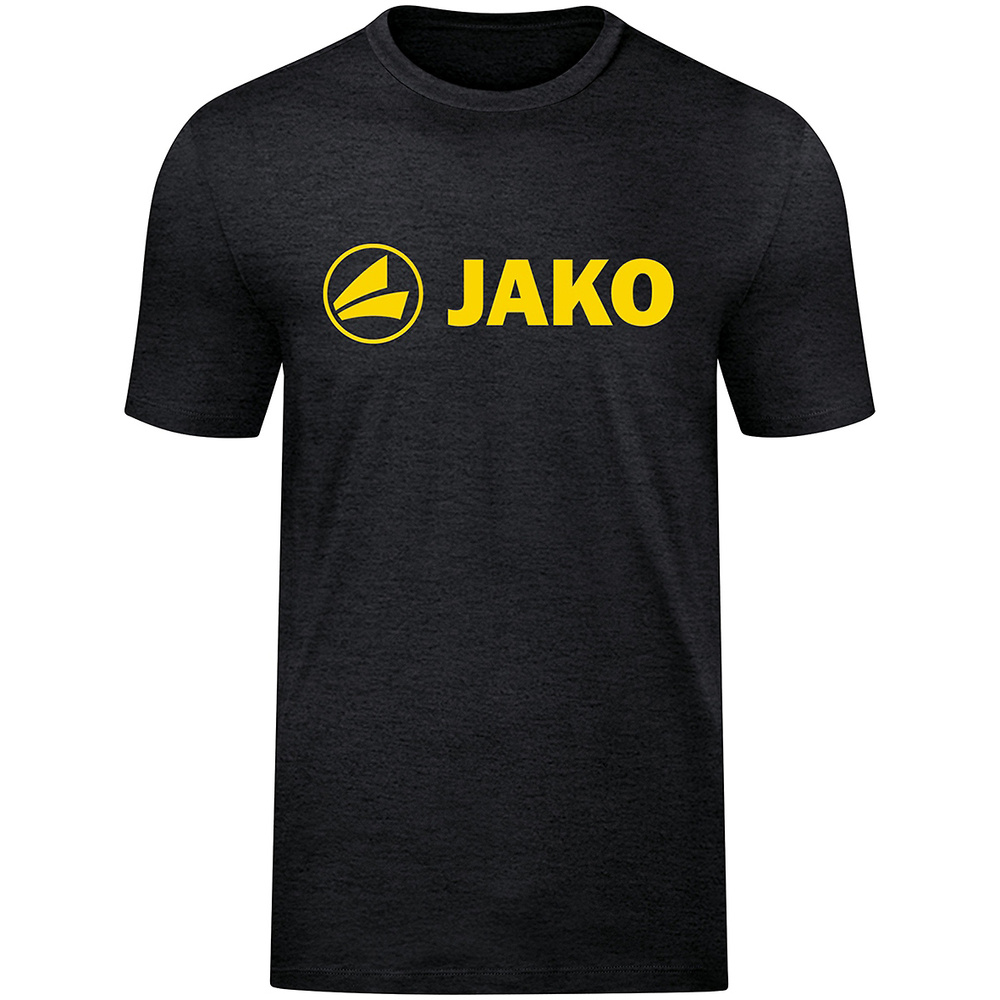 CAMISETA JAKO PROMO, NEGRA MELANGE-AMARILLA HOMBRE. S M L XL 2XL 3XL 4XL 