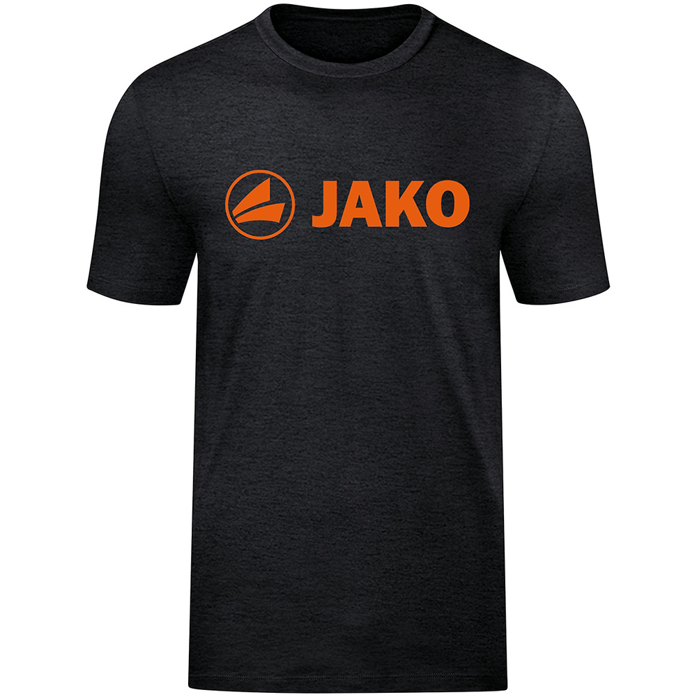 CAMISETA JAKO PROMO, NEGRA MELANGE-NARANJA NEÓN HOMBRE. S M L XL 2XL 3XL 4XL 