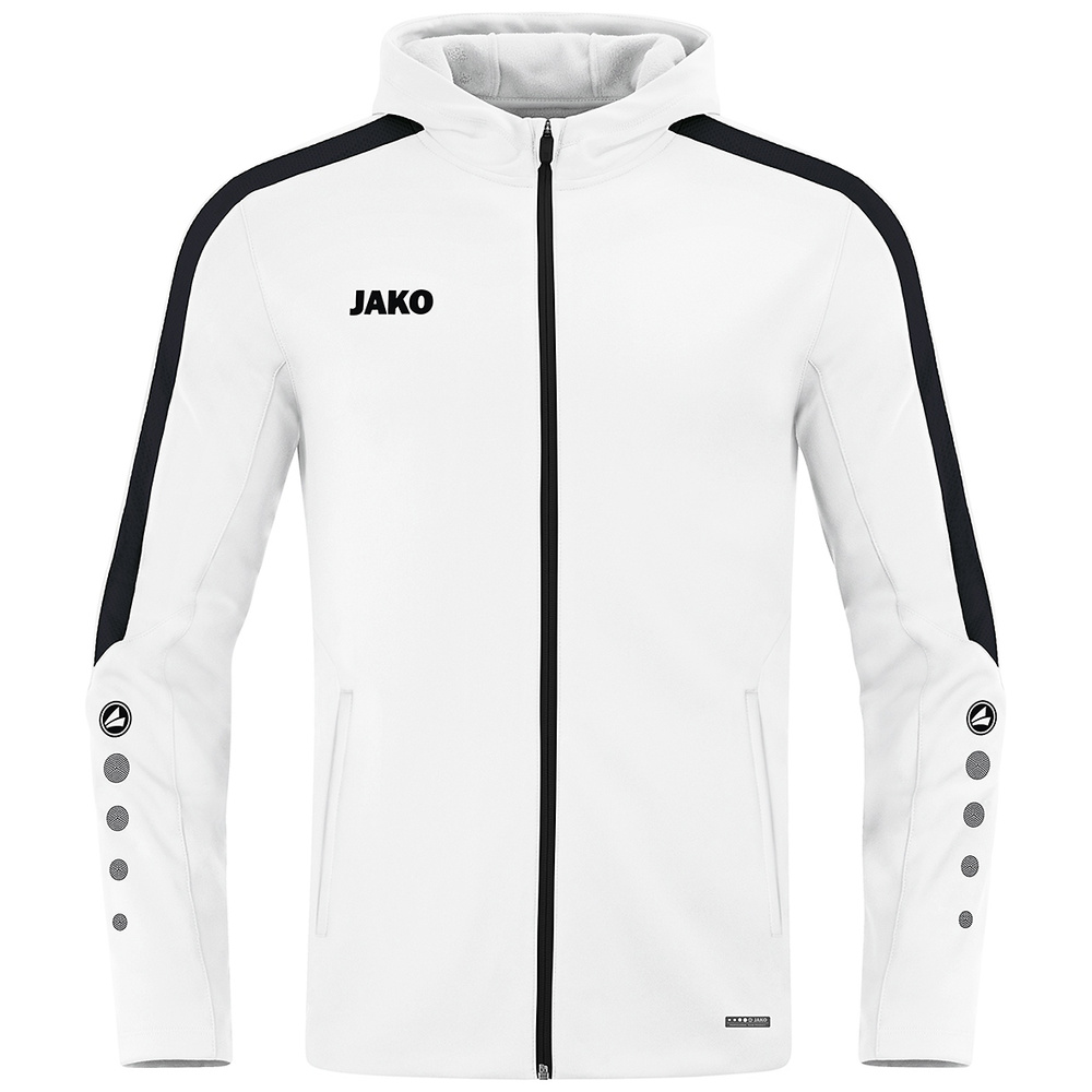 CHAQUETA CON CAPUCHA JAKO POWER, BLANCA-NEGRA HOMBRE. S M L XL 2XL 3XL 4XL 