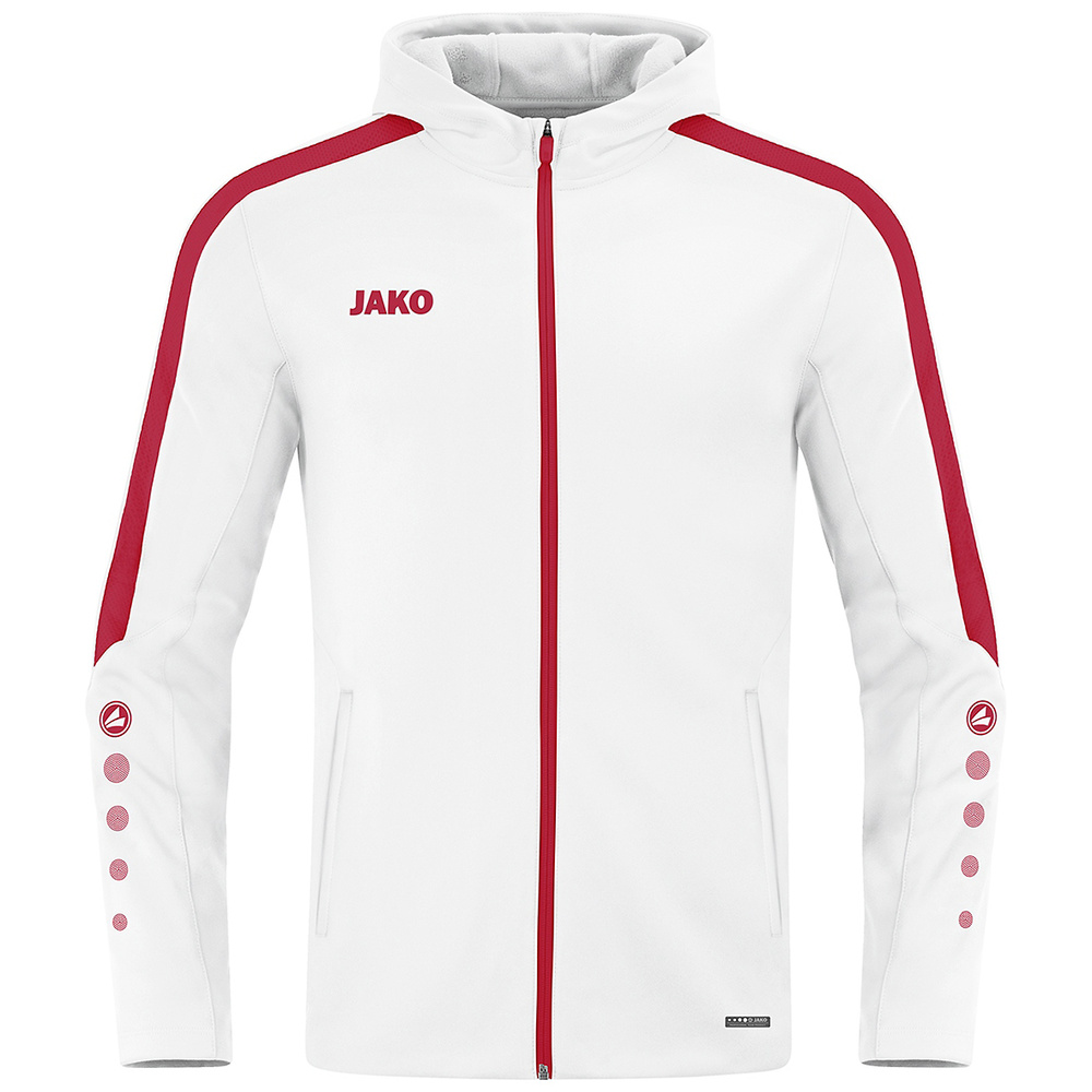 CHAQUETA CON CAPUCHA JAKO POWER, BLANCA-ROJA HOMBRE. S M L XL 2XL 3XL 4XL 