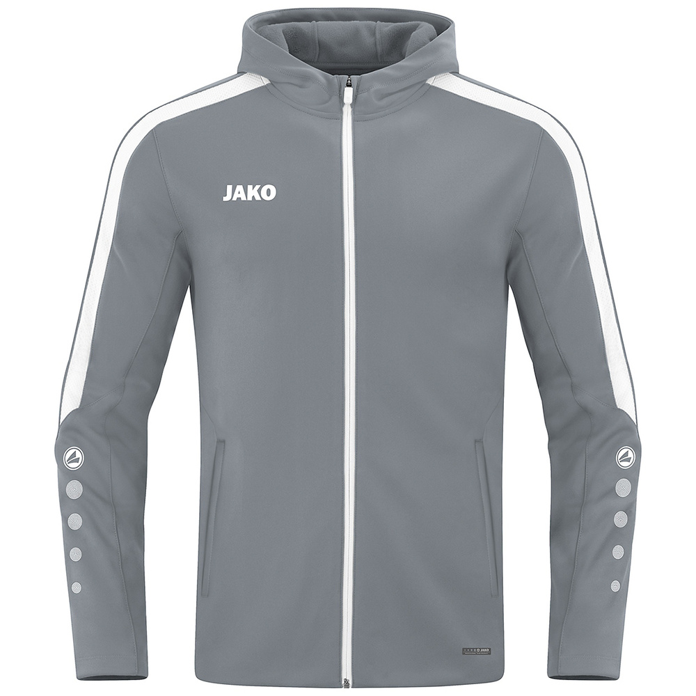 CHAQUETA CON CAPUCHA JAKO POWER, GRIS PIEDRA-BLANCA HOMBRE. S M L XL 2XL 3XL 4XL 