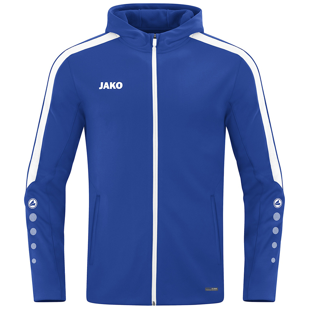 CHAQUETA CON CAPUCHA JAKO POWER, ROYAL-BLANCA HOMBRE. S M L XL 2XL 3XL 4XL 