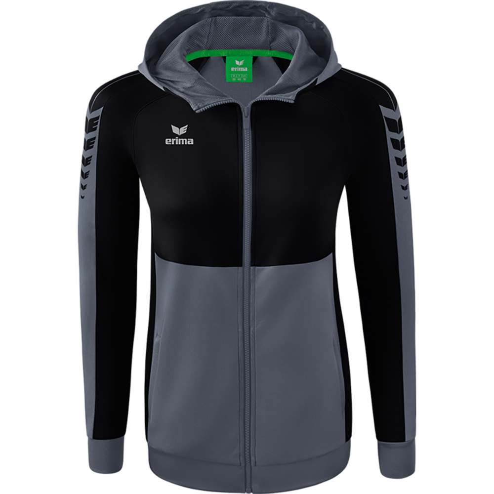 CHAQUETA DE ENTRENAMIENTO CON CAPUCHA ERIMA SIX WINGS, GRIS PIZARRA-NEGRA MUJER. 34 36 38 40 42 44 