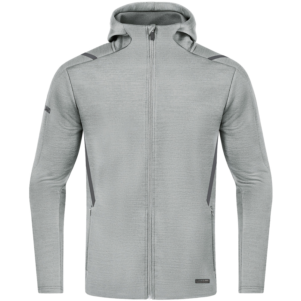 CHAQUETA DE OCIO JAKO CHALLENGE CON CAPUCHA, GRIS PIEDRA-NEGRA NIÑO. 128 140 152 164 