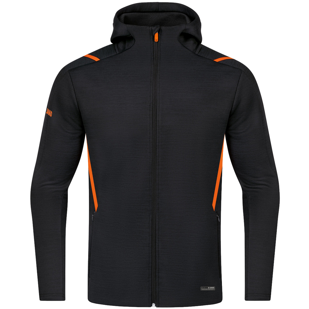 CHAQUETA DE OCIO JAKO CHALLENGE CON CAPUCHA, NEGRA-NARANJA NEÓN NIÑO. 128 140 152 164 