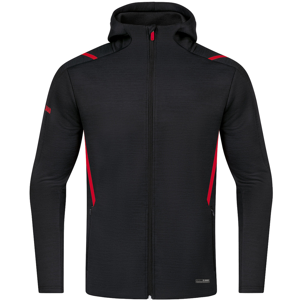 CHAQUETA DE OCIO JAKO CHALLENGE CON CAPUCHA, NEGRA-ROJA HOMBRE. S M L XL 2XL 3XL 4XL 