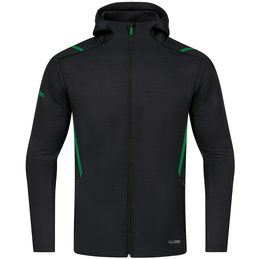 CHAQUETA DE OCIO JAKO CHALLENGE CON CAPUCHA, NEGRA-VERDE HOMBRE. S M L XL 2XL 3XL 4XL 