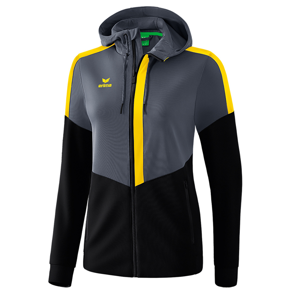 ERIMA SQUAD CHAQUETA ENTRENAMIENTO CON CAPUCHA, GRIS PIZARRA-NEGRO-AMARILLO MUJER. 34 36 38 40 42 44 