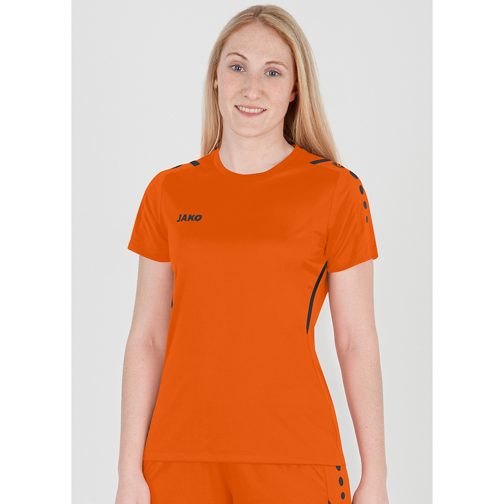 CAMISETA JAKO CHALLENGE MANGA CORTA, NARANJA-NEGRA MUJER. 