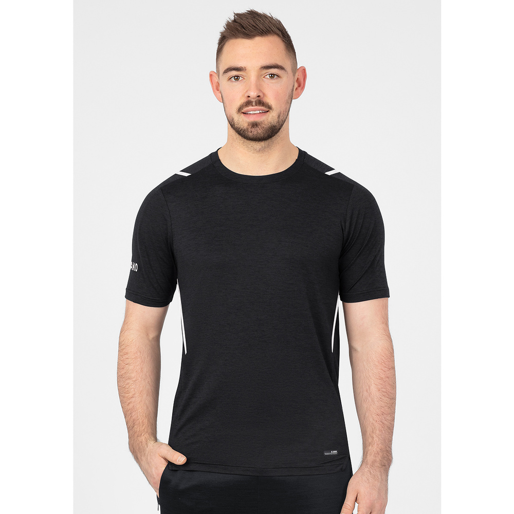 CAMISETA JAKO CHALLENGE MANGA CORTA, NEGRA MELANGE-BLANCA HOMBRE. 