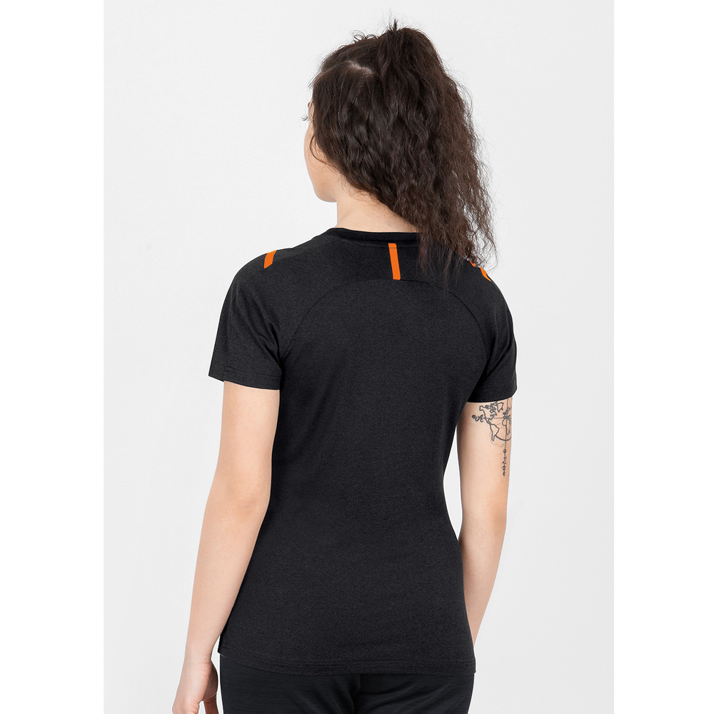 CAMISETA JAKO CHALLENGE MANGA CORTA, NEGRA MELANGE-NARANJA MUJER. 