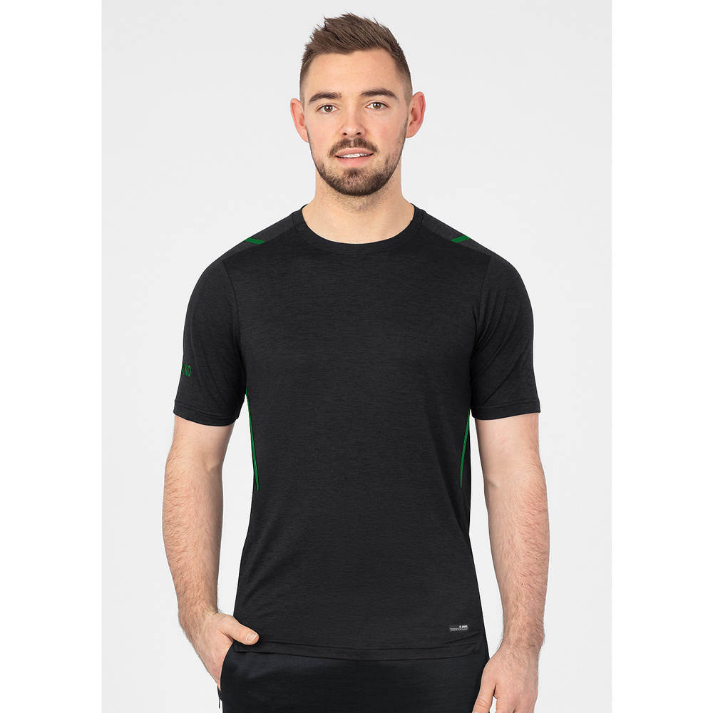 CAMISETA JAKO CHALLENGE MANGA CORTA, NEGRA MELANGE-VERDE HOMBRE. 