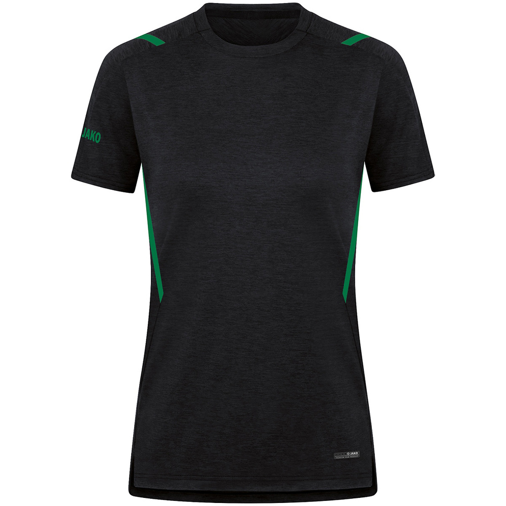 CAMISETA JAKO CHALLENGE MANGA CORTA, NEGRA MELANGE-VERDE MUJER. 