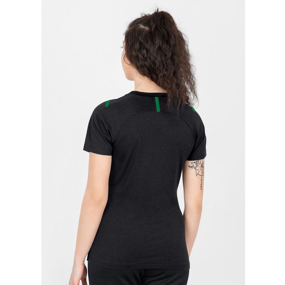 CAMISETA JAKO CHALLENGE MANGA CORTA, NEGRA MELANGE-VERDE MUJER. 