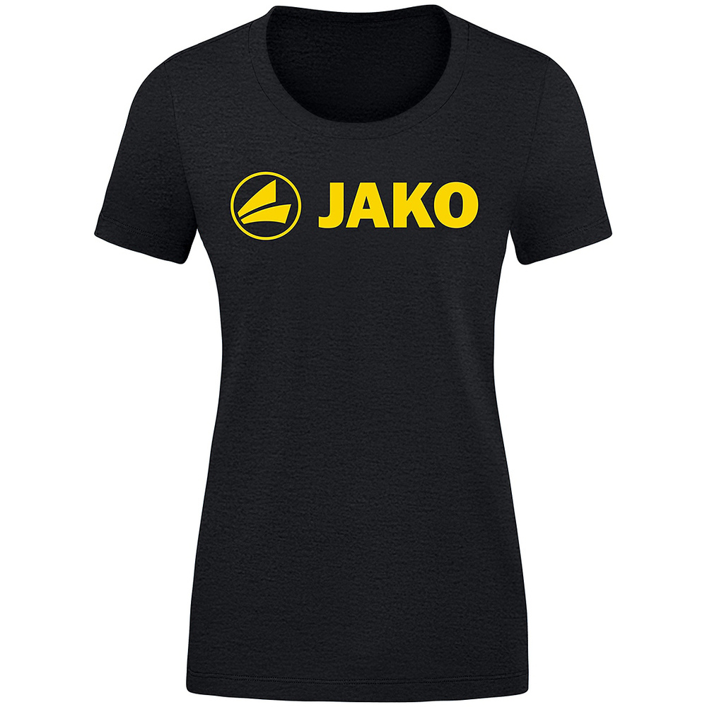 CAMISETA JAKO PROMO, NEGRA MELANGE-AMARILLA MUJER. 