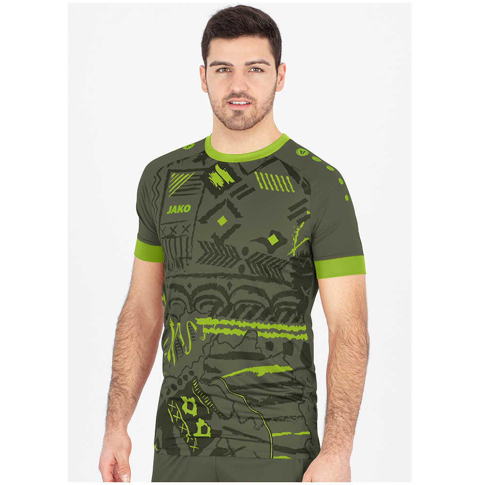 CAMISETA JAKO TROPICANA MANGA CORTA, VERDE CAQUI-VERDE NEÓN NIÑO. 