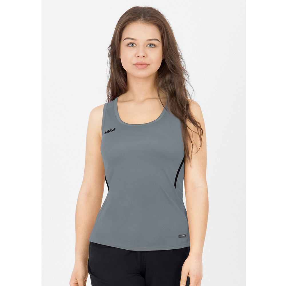 CAMISETA TIRANTES JAKO CHALLENGE, GRIS PIEDRA-NEGRA MUJER. 