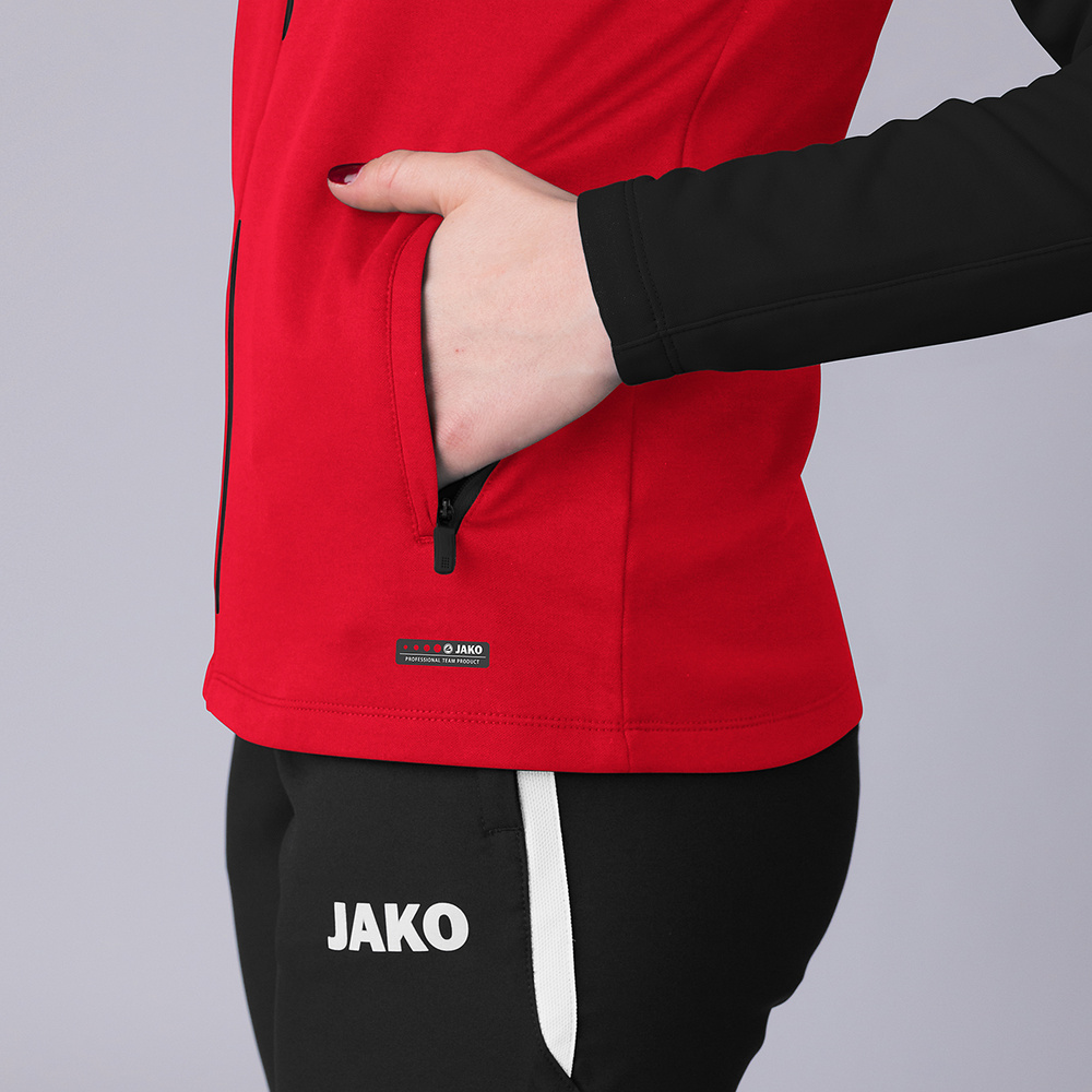 CHAQUETA CON CAPUCHA JAKO PERFORMANCE, ROJA-NEGRA MUJER. 