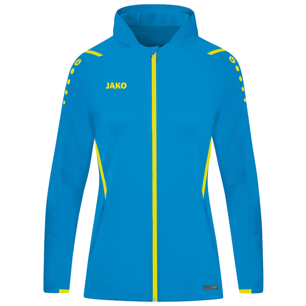 CHAQUETA DE ENTRENAMIENTO CON CAPUCHA JAKO CHALLENGE, AZUL JAKO-AMARILLO NEÓN MUJER. 