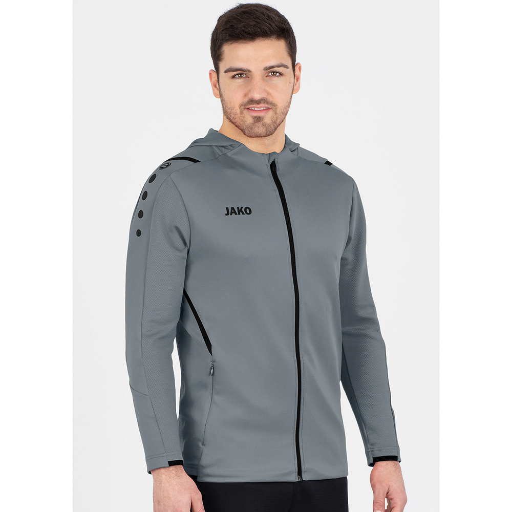 CHAQUETA DE ENTRENAMIENTO CON CAPUCHA JAKO CHALLENGE, GRIS PIEDRA-NEGRA HOMBRE. 