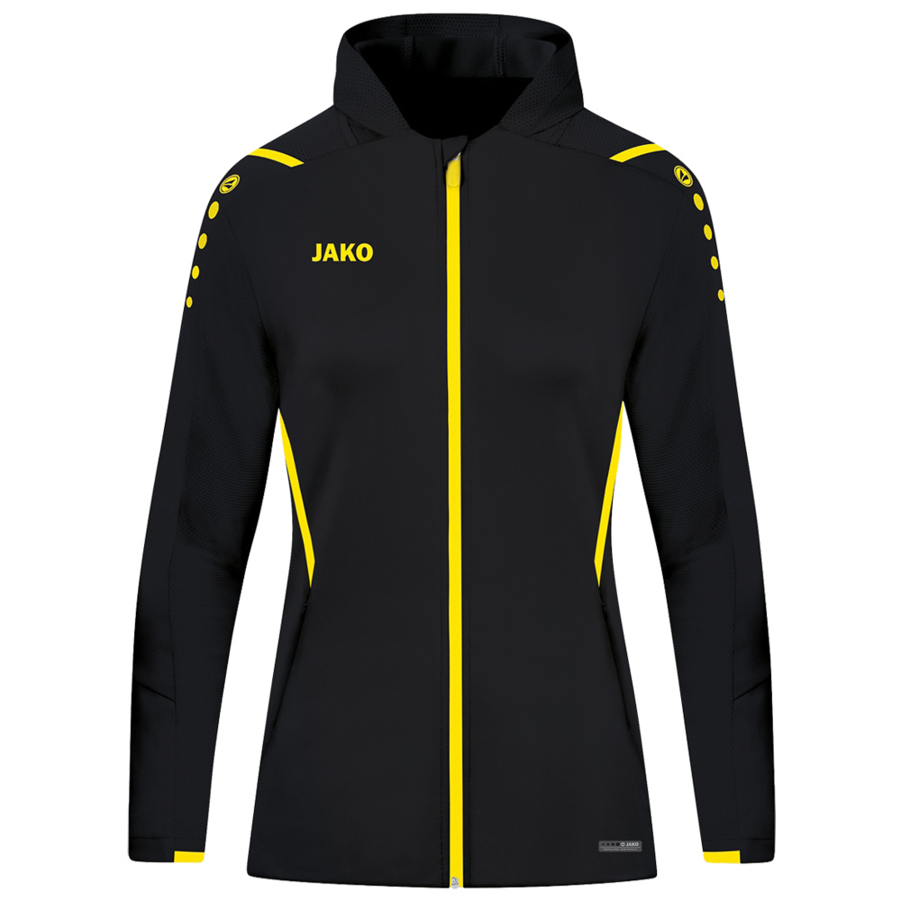 CHAQUETA DE ENTRENAMIENTO CON CAPUCHA JAKO CHALLENGE, NEGRA-AMARILLA MUJER. 