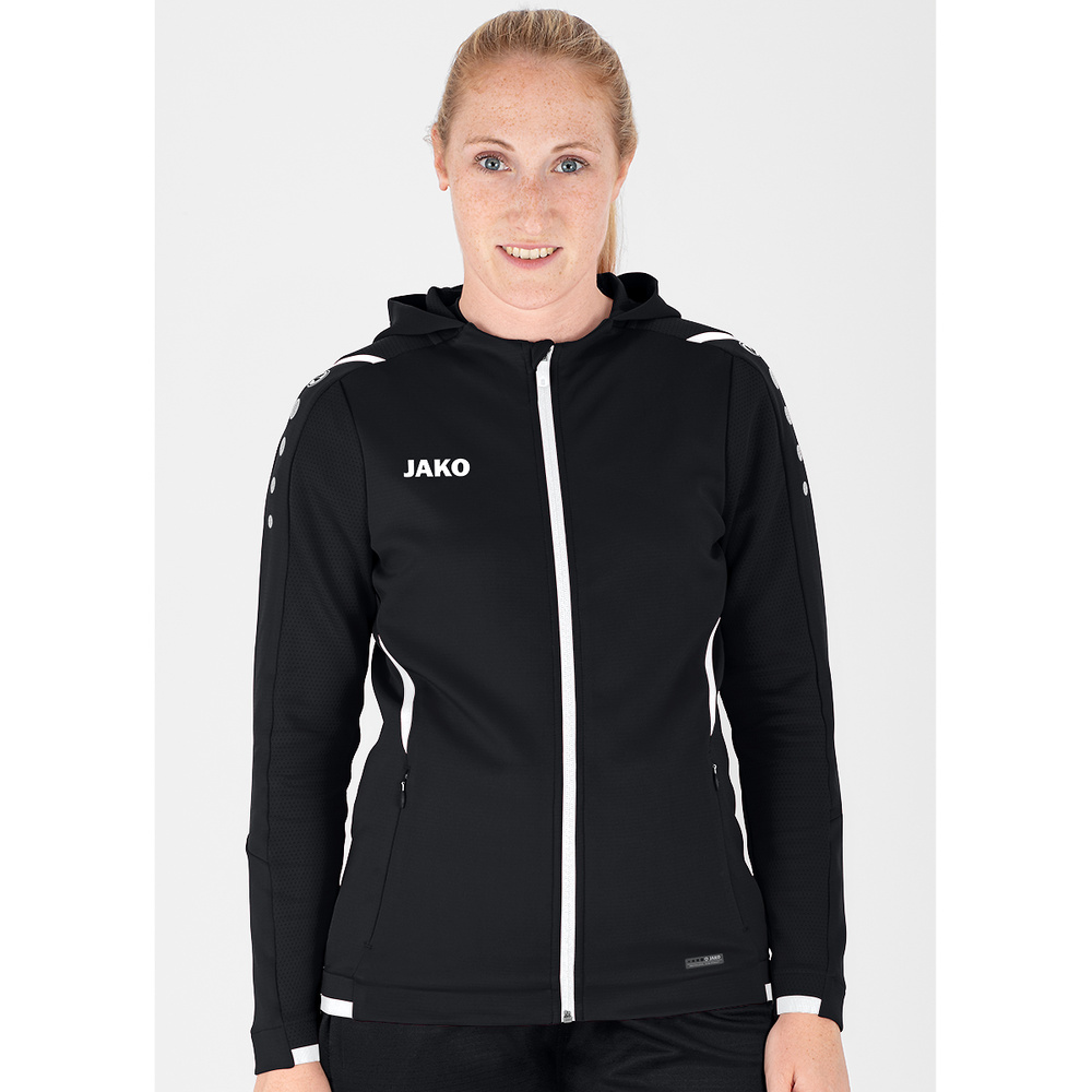 CHAQUETA DE ENTRENAMIENTO CON CAPUCHA JAKO CHALLENGE, NEGRA-BLANCA MUJER. 