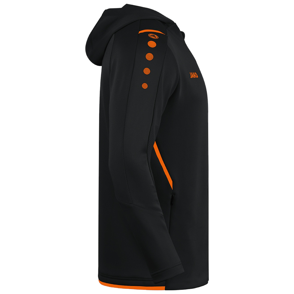 CHAQUETA DE ENTRENAMIENTO CON CAPUCHA JAKO CHALLENGE, NEGRA-NARANJA NEÓN HOMBRE. 