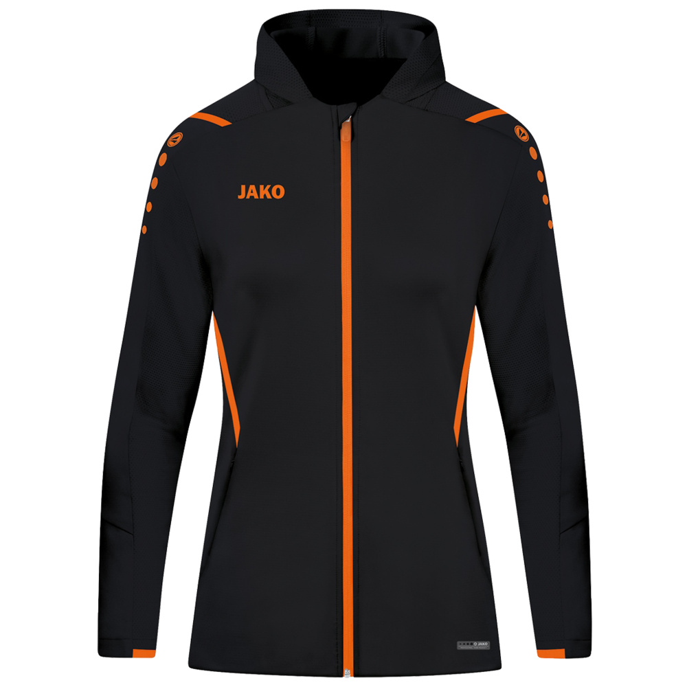 CHAQUETA DE ENTRENAMIENTO CON CAPUCHA JAKO CHALLENGE, NEGRA-NARANJA NEÓN MUJER. 