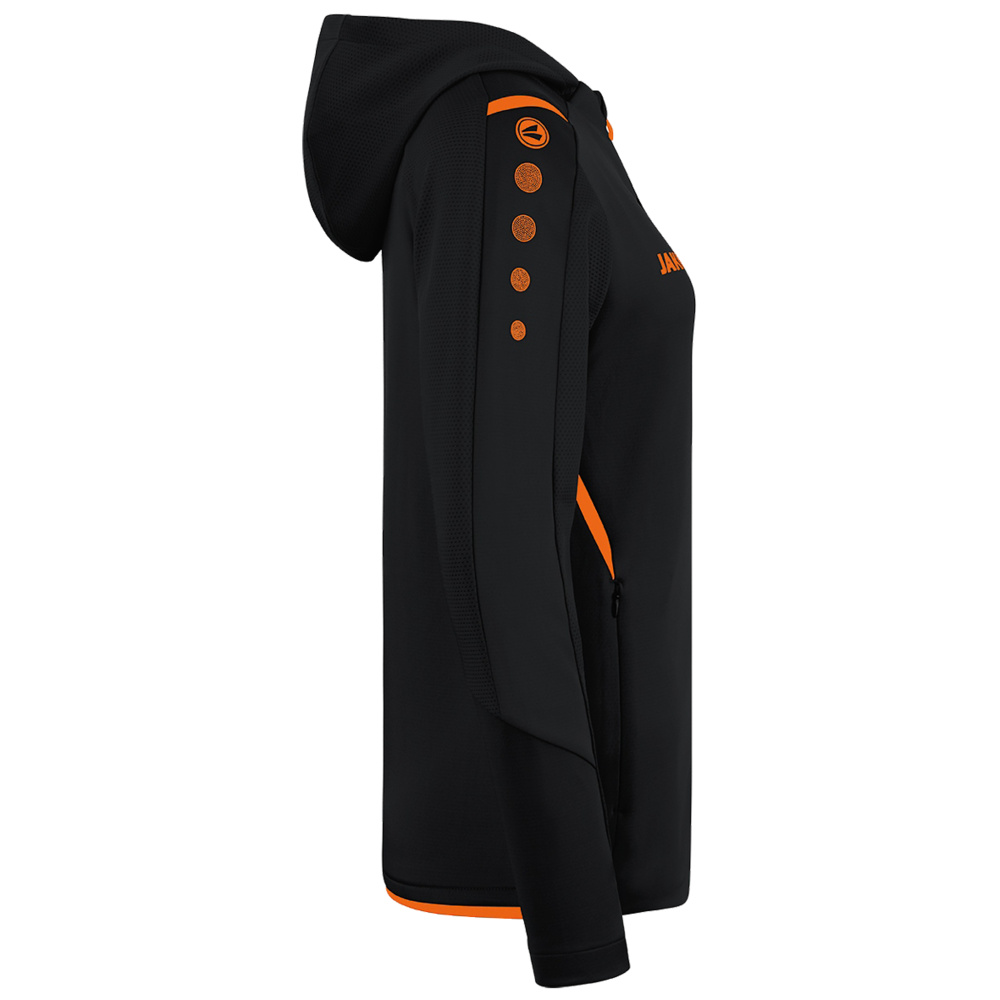 CHAQUETA DE ENTRENAMIENTO CON CAPUCHA JAKO CHALLENGE, NEGRA-NARANJA NEÓN MUJER. 