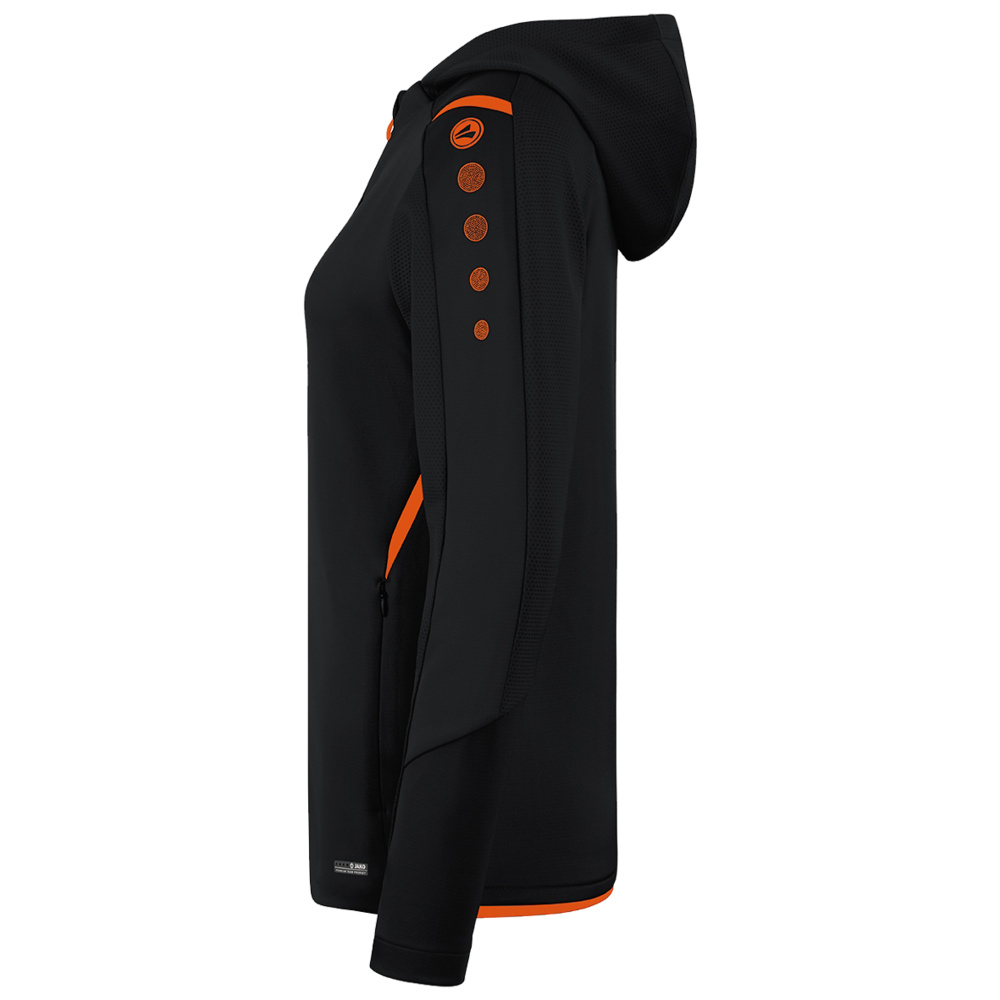 CHAQUETA DE ENTRENAMIENTO CON CAPUCHA JAKO CHALLENGE, NEGRA-NARANJA NEÓN MUJER. 