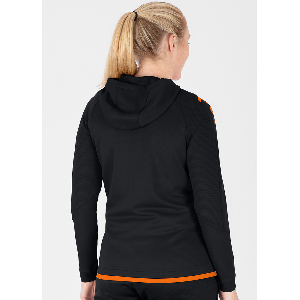 CHAQUETA DE ENTRENAMIENTO CON CAPUCHA JAKO CHALLENGE, NEGRA-NARANJA NEÓN MUJER. 