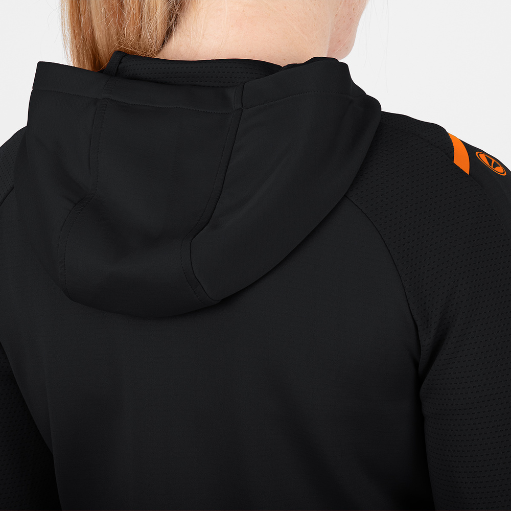 CHAQUETA DE ENTRENAMIENTO CON CAPUCHA JAKO CHALLENGE, NEGRA-NARANJA NEÓN MUJER. 