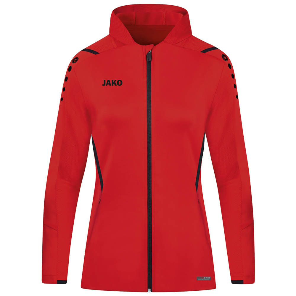 CHAQUETA DE ENTRENAMIENTO CON CAPUCHA JAKO CHALLENGE, ROJA-NEGRA MUJER. 