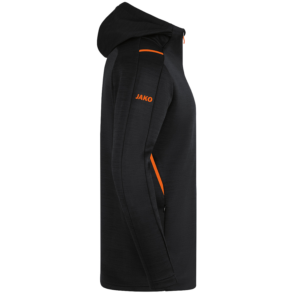 CHAQUETA DE OCIO JAKO CHALLENGE CON CAPUCHA, NEGRA-NARANJA NEÓN HOMBRE. 