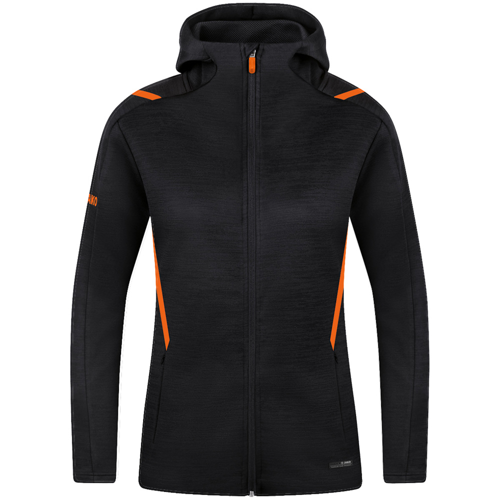 CHAQUETA DE OCIO JAKO CHALLENGE CON CAPUCHA, NEGRA-NARANJA NEÓN MUJER. 