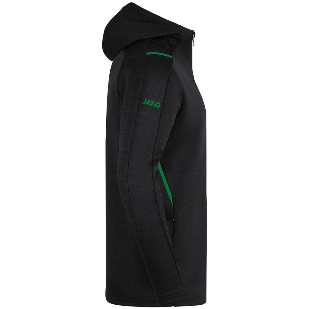 CHAQUETA DE OCIO JAKO CHALLENGE CON CAPUCHA, NEGRA-VERDE HOMBRE. 