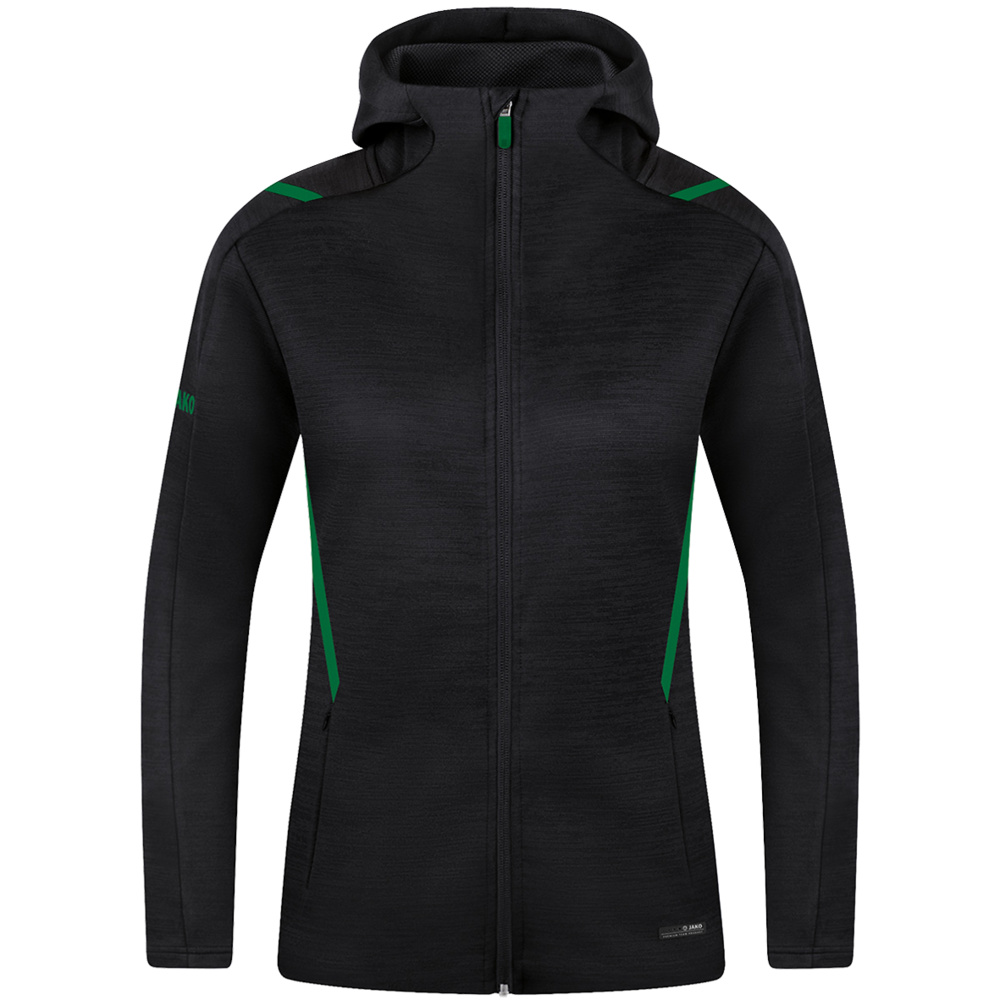 CHAQUETA DE OCIO JAKO CHALLENGE CON CAPUCHA, NEGRA-VERDE MUJER. 