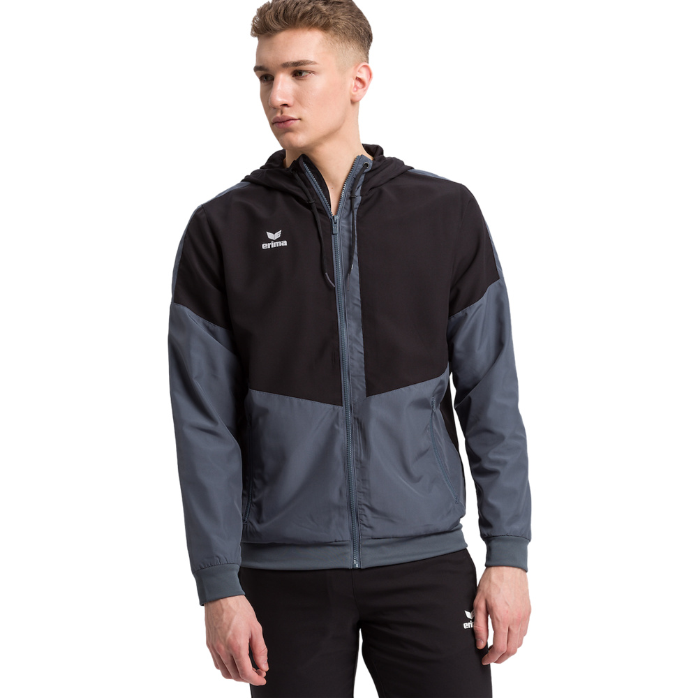 ERIMA SQUAD CHAQUETA CON CAPUCHA, NEGRO-GRIS PIZARRA HOMBRE. 