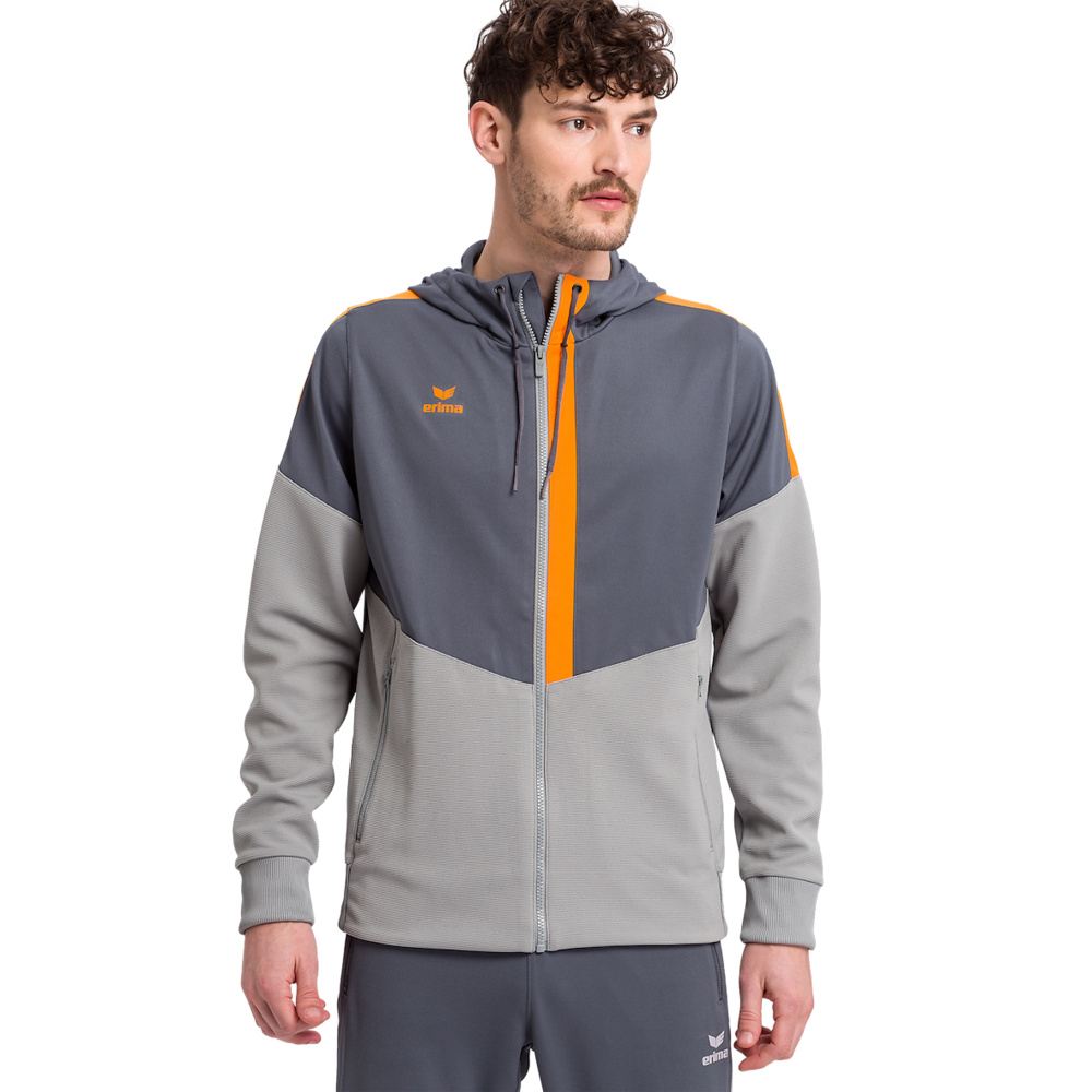 ERIMA SQUAD CHAQUETA ENTRENAMIENTO CON CAPUCHA, GRIS PIZARRA-GRIS-NARANJA NIÑO. 