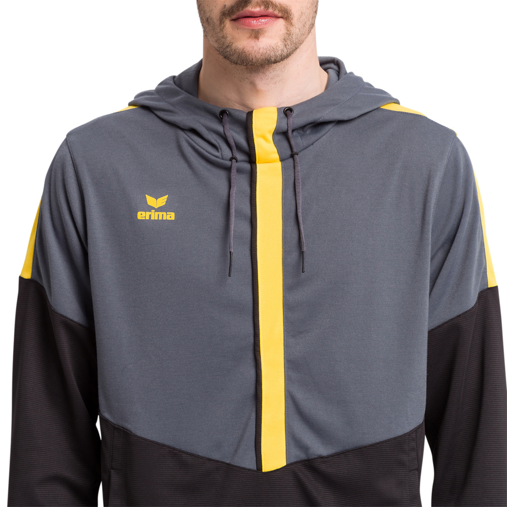 ERIMA SQUAD SUDADERA CON CAPUCHA, GRIS PIZARRA-NEGRO-AMARILLO NIÑO. 