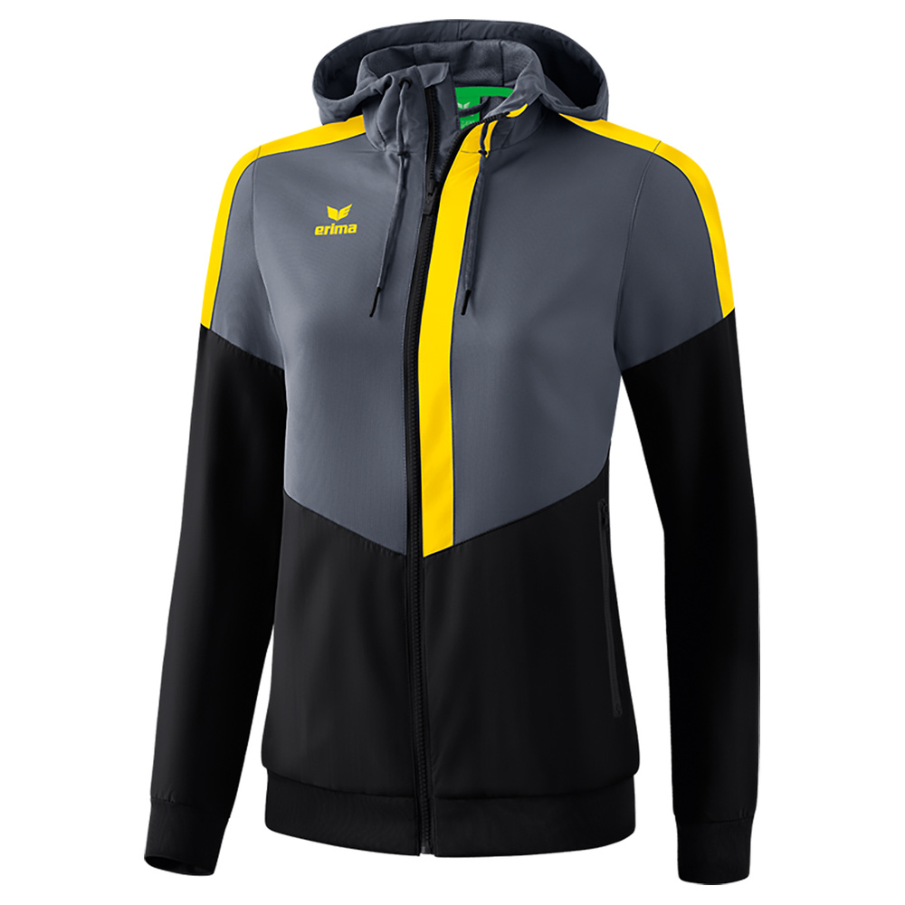 ERIMA SQUAD TRACK TOP JACKET WITH HOOD, SLATE GREY-BLACK-YELLOW WOMEN. 