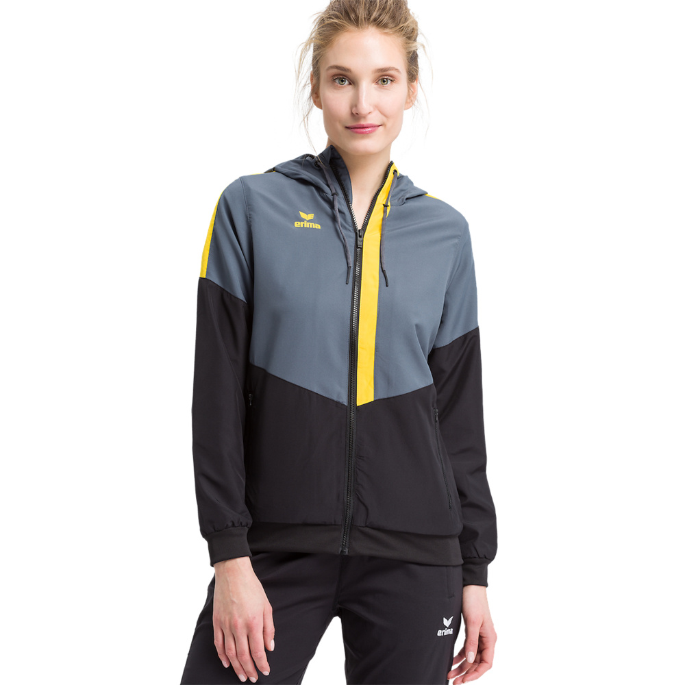 ERIMA SQUAD TRACK TOP JACKET WITH HOOD, SLATE GREY-BLACK-YELLOW WOMEN. 