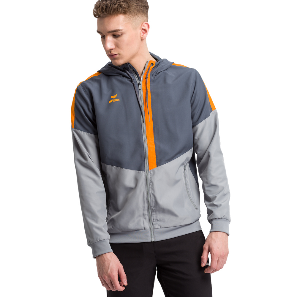 ERIMA SQUAD TRACK TOP JACKET WITH HOOD, SLATE GREY-GREY-ORANGE MEN. 