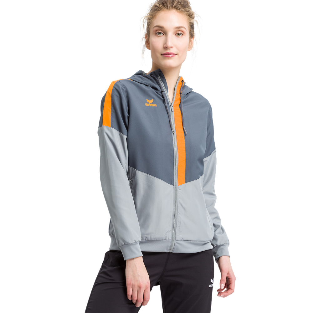 ERIMA SQUAD TRACK TOP JACKET WITH HOOD, SLATE GREY-GREY-ORANGE WOMEN. 