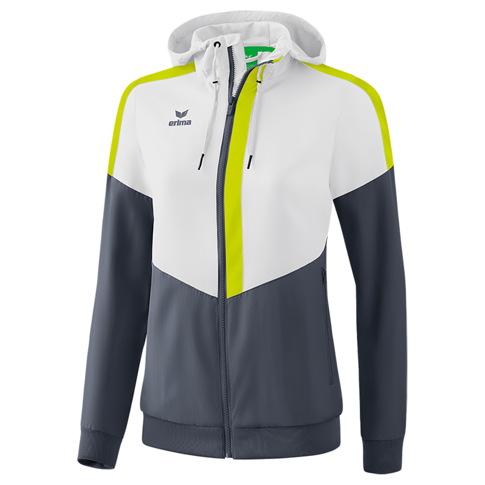 ERIMA SQUAD TRACK TOP JACKET WITH HOOD, WHITE-SLATE GREY-LIME WOMEN. 